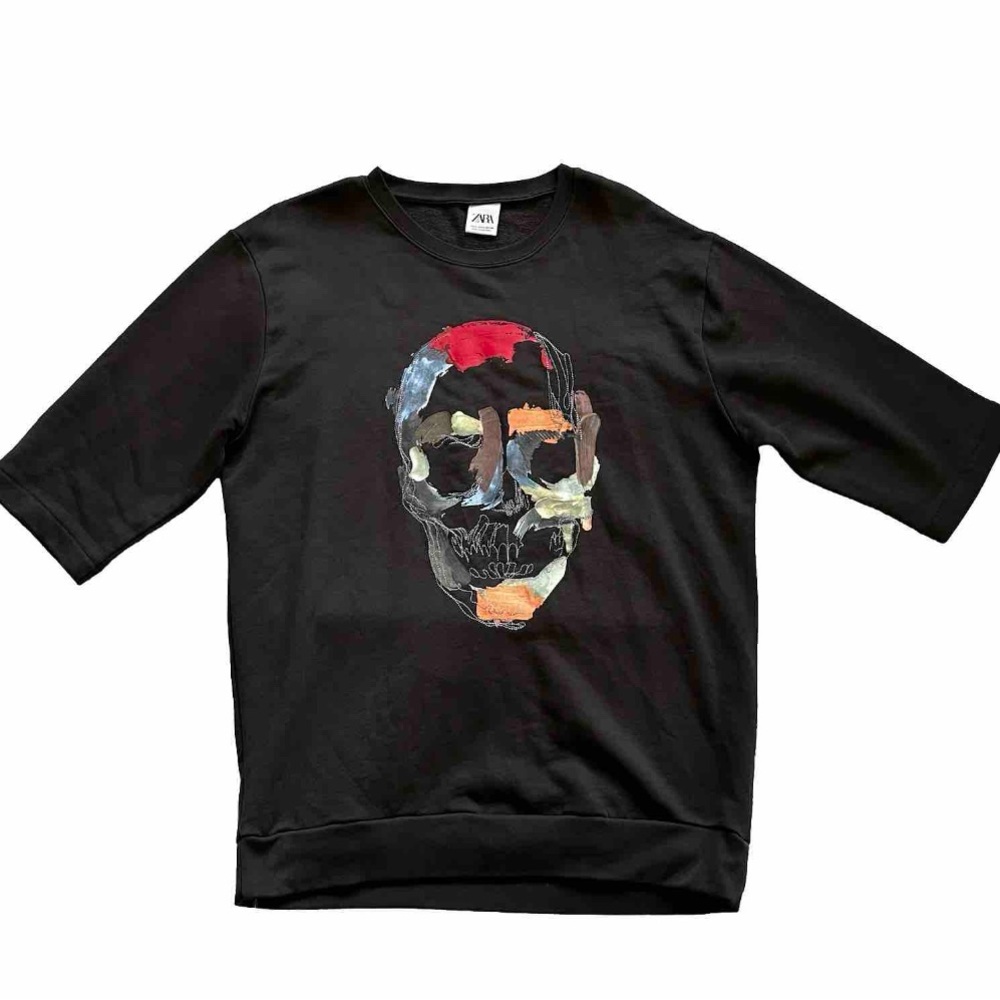 ZARA BROWN ARTSY PORTRAIT PRINT T SHIRT SIZE XL ART TO WEAR FUNKY MODERN - Picture 1 of 7